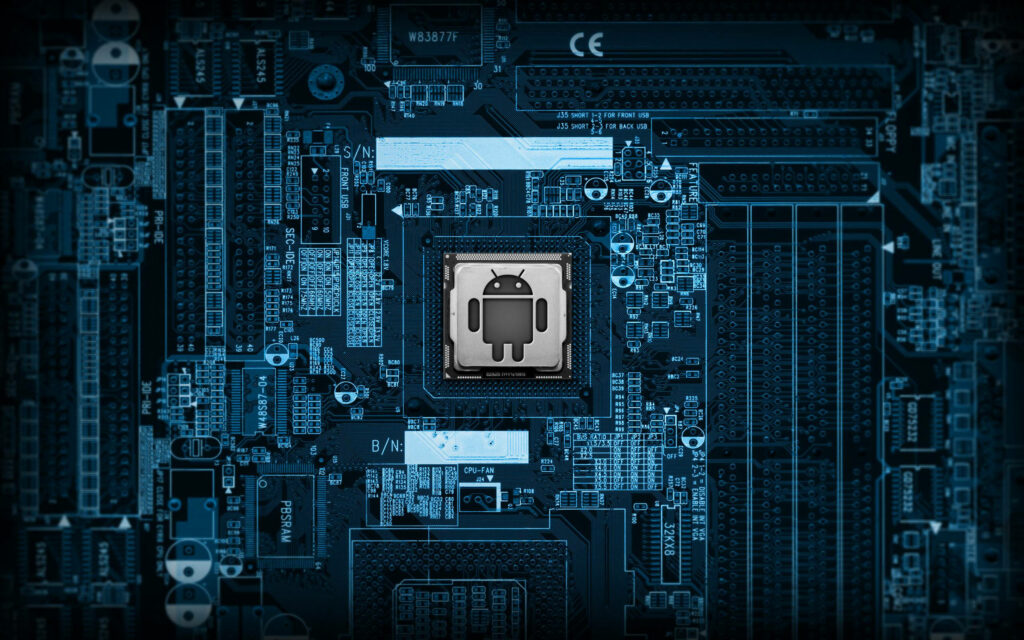 Futuristic Blue Motherboard Wallpaper with Android Logo Design