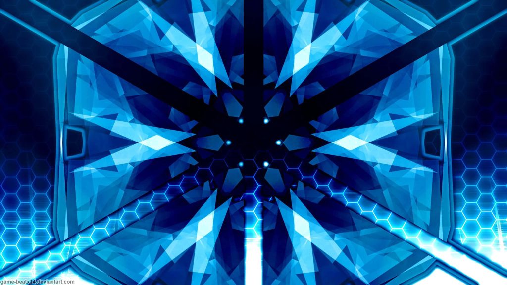 Futuristic blue abstract wallpaper with neon hexagonal honeycomb and symmetrical geometric design