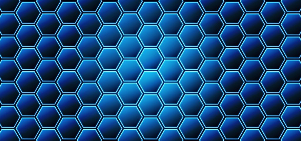 Futuristic blue neon honeycomb digital wallpaper with glowing hexagon grid on dark background