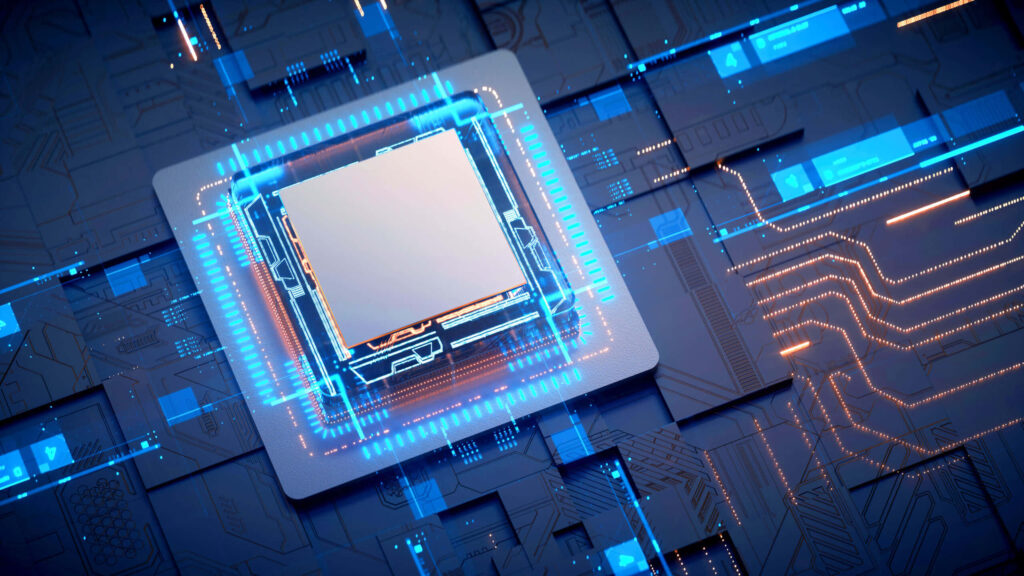 Futuristic Blue & Orange Wallpaper with 3D Processor Design