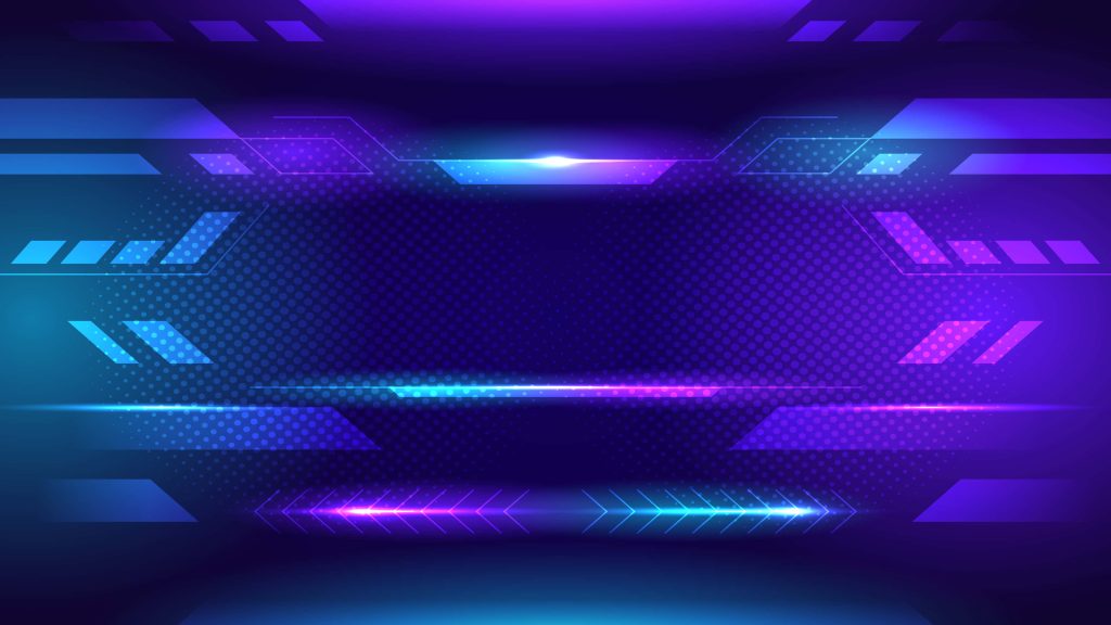 Futuristic digital banner with blue purple gradient glowing neon shapes and sharp light trails