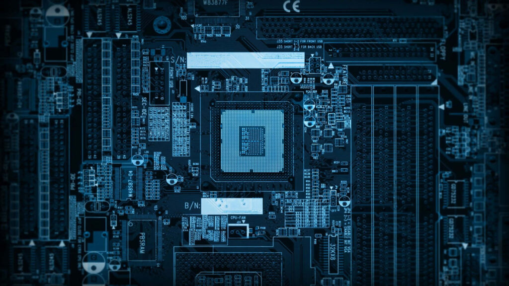 Futuristic Blue Semiconductor Motherboard: Intricate Top-View Wallpaper