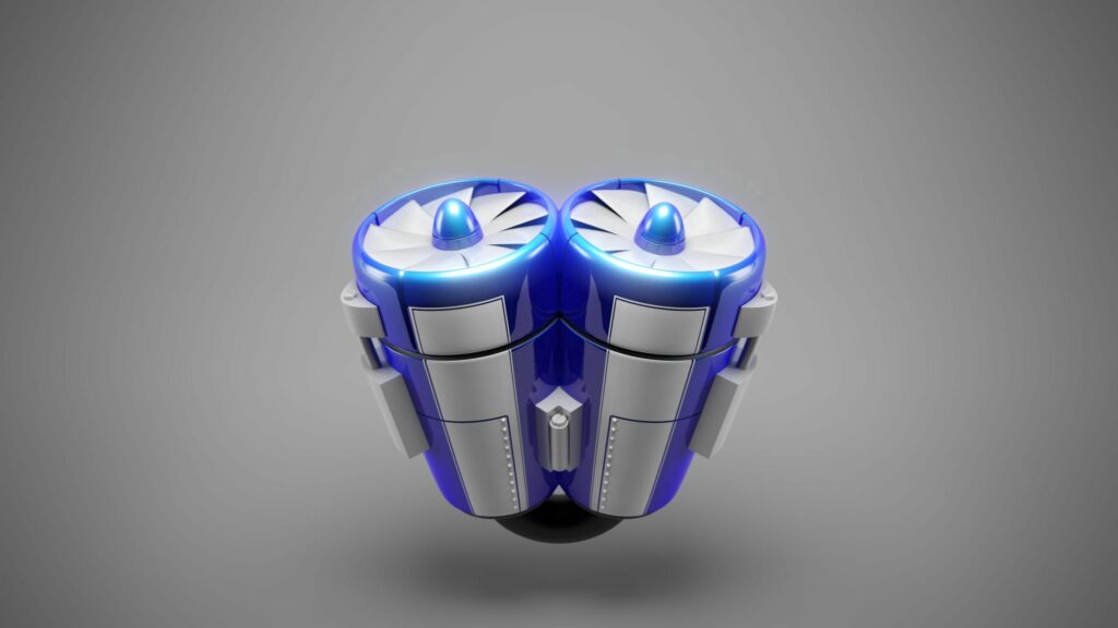 Futuristic Blue & Silver Robot Wallpaper: Twin-Rotor Flight Design