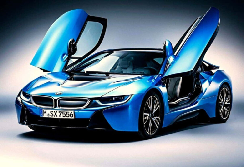 Futuristic Blue Sports Car Wallpaper with Butterfly Doors