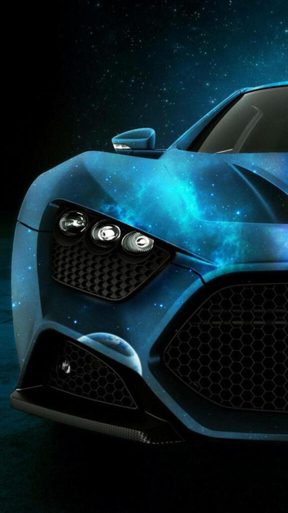 Blue sleek sports car with futuristic headlights on starry cosmic background wallpaper