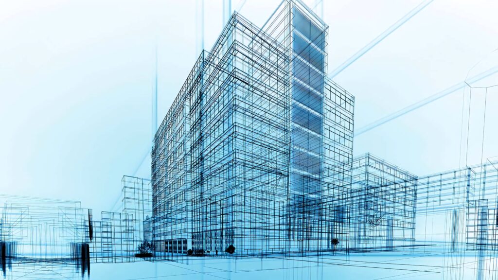 Futuristic cityscape blue wireframe wallpaper showcasing civil engineering and modern architecture design