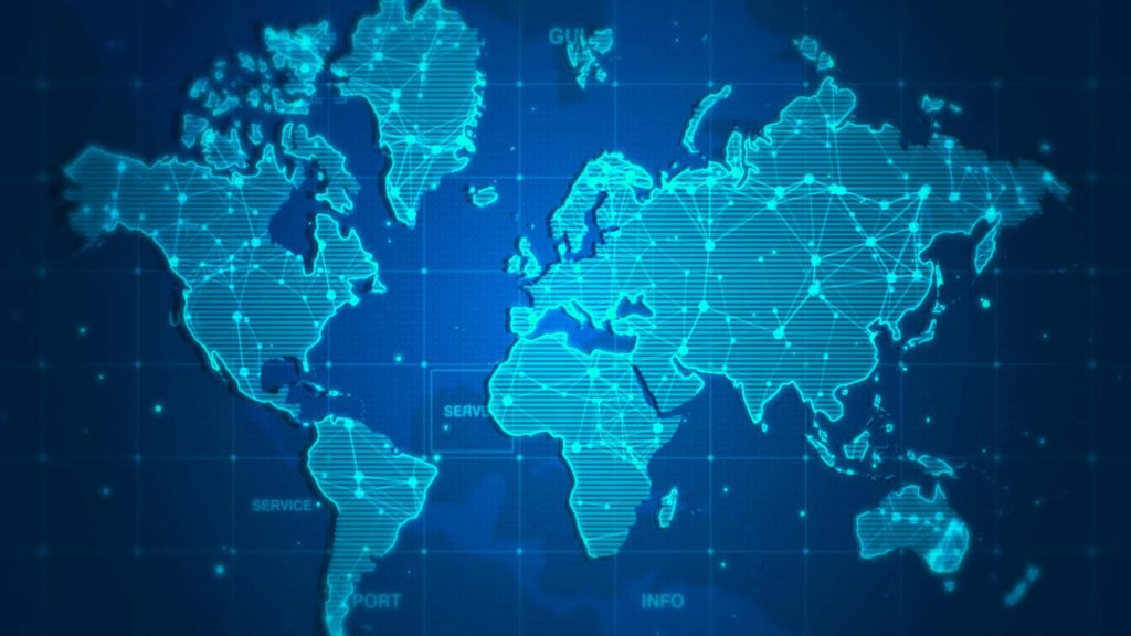 Futuristic blue world map wallpaper with glowing nodes and network lines on dark cyan background