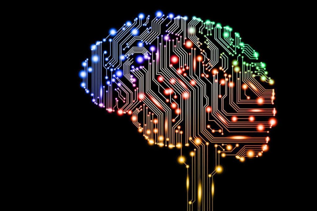 Futuristic digital art brain silhouette with glowing circuit board nodes on black background wallpaper