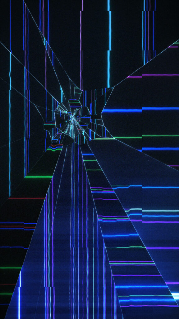Broken glass wallpaper with vibrant neon blue green purple lines on dark futuristic background
