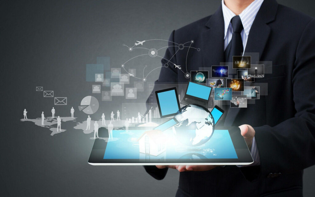 Futuristic Businessman Presenting Technology Concepts Wallpaper