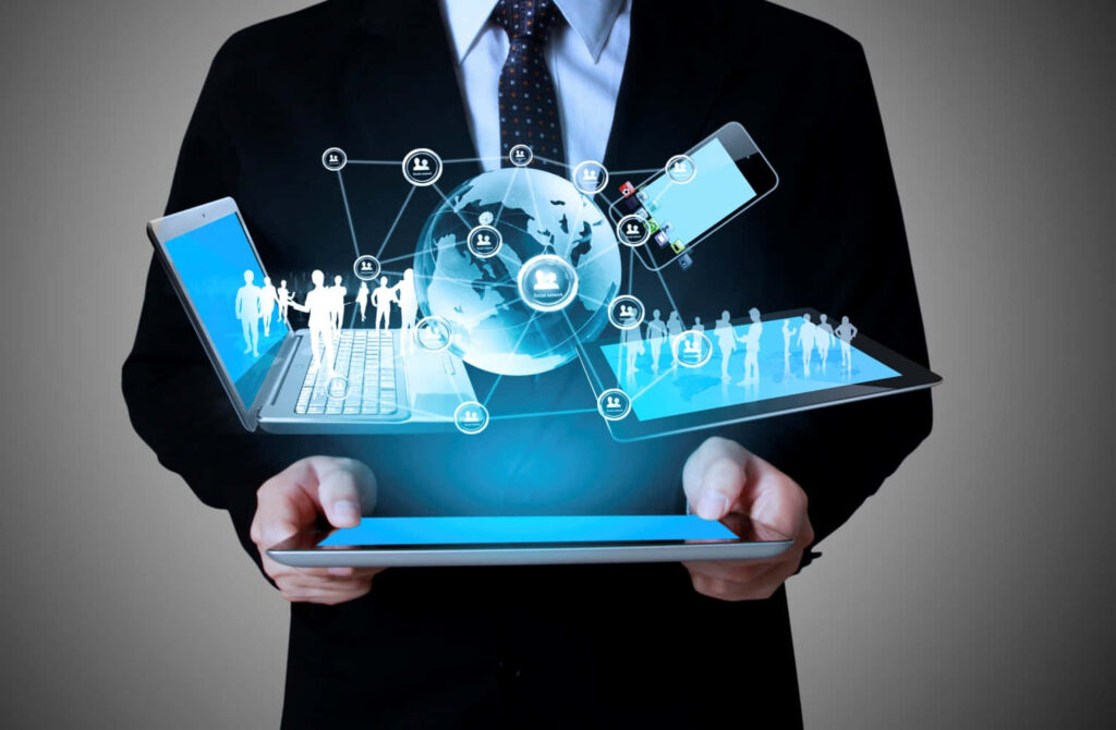 Futuristic Tech Wallpaper: Businessman with Holographic Network Display