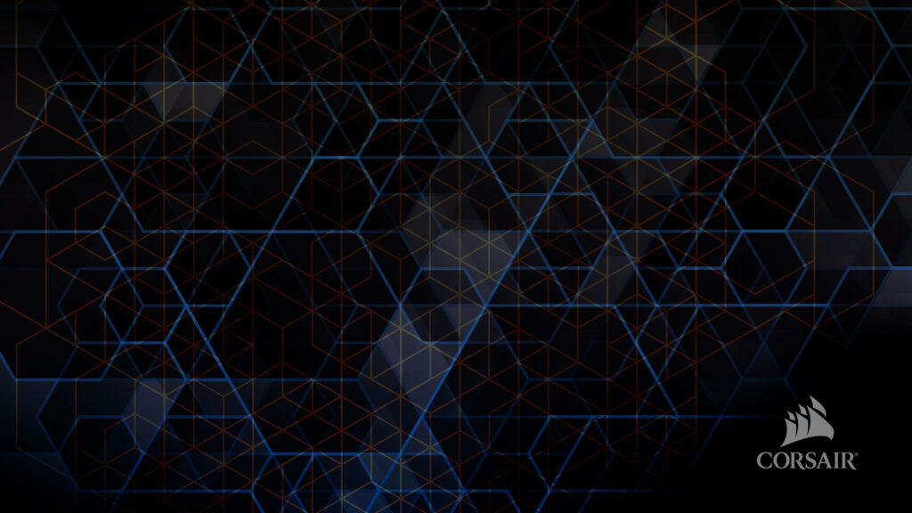 CORSAIR wallpaper with blue orange hexagons and lines on dark background futuristic design