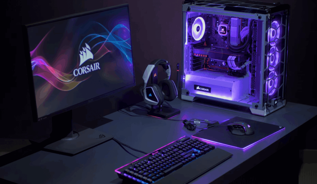 Modern gaming setup with CORSAIR RGB desktop PC keyboard mouse headset and futuristic lighting Wallpaper