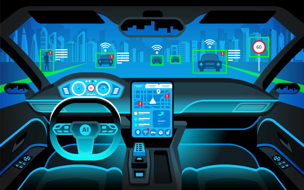 Futuristic Car Dashboard Wallpaper: AI Tech & Urban Environment Display