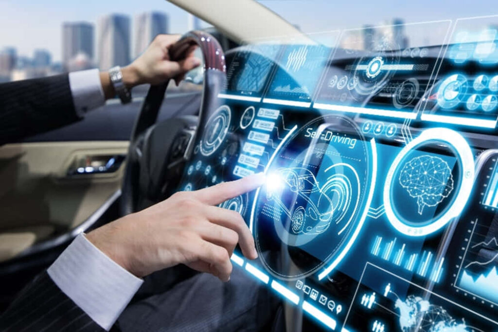 Futuristic Car Interior: Touchscreen & Holographic Tech Wallpaper