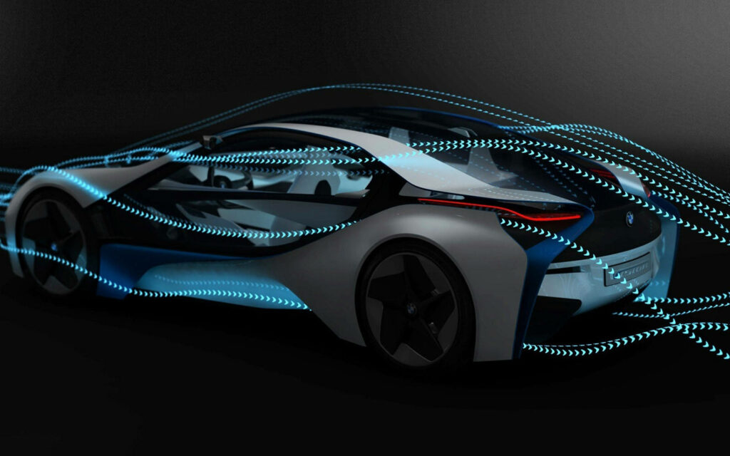 Futuristic sleek car with dynamic blue airflow lines on dark background showcasing aerodynamics Wallpaper