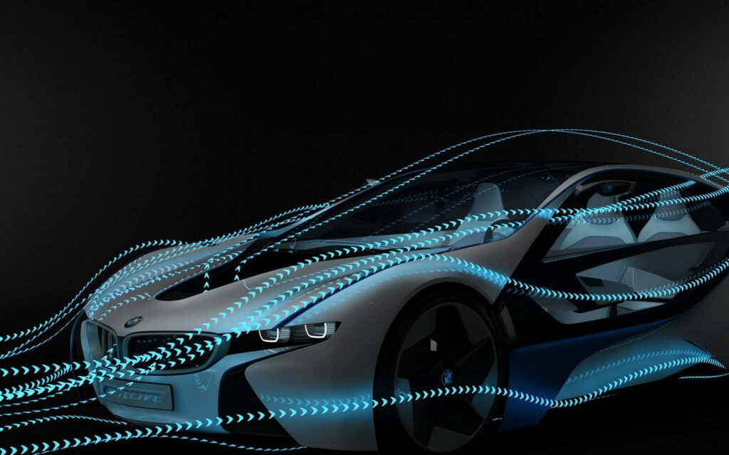 Futuristic car with dynamic blue airflow lines demonstrating advanced aerodynamic efficiency wallpaper