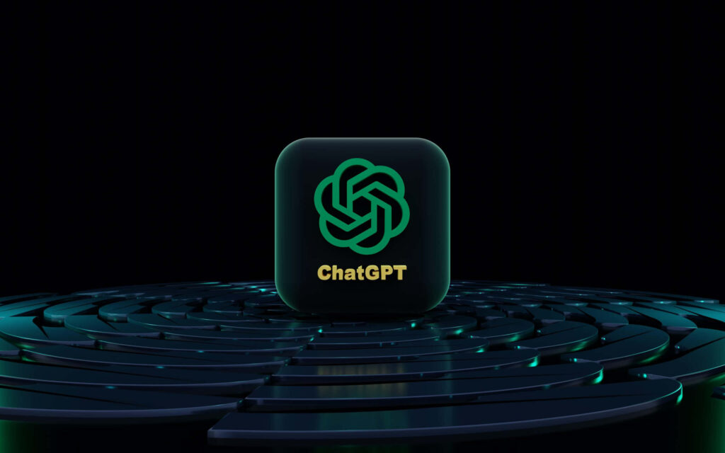 Sleek dark wallpaper with glowing neon green ChatGPT logo and futuristic tech-inspired design