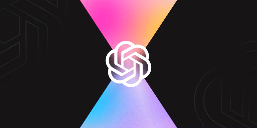 Minimalist white OpenAI logo on vibrant pink yellow purple blue gradient with bold black accents wallpaper