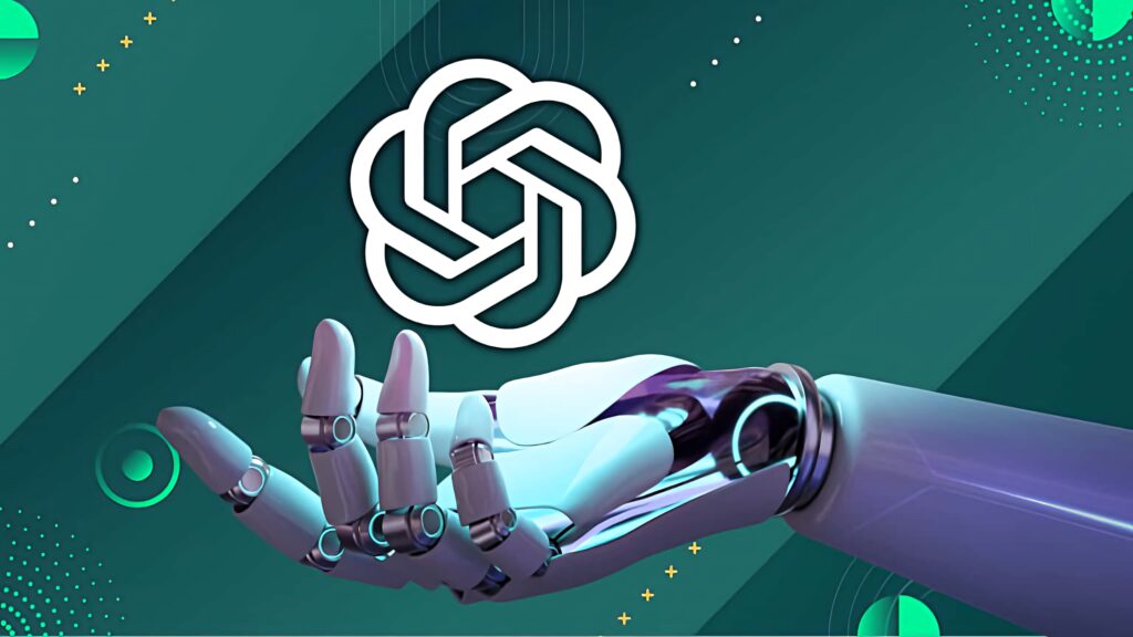 Futuristic ChatGPT wallpaper robotic hand reaching OpenAI logo teal geometric AI background