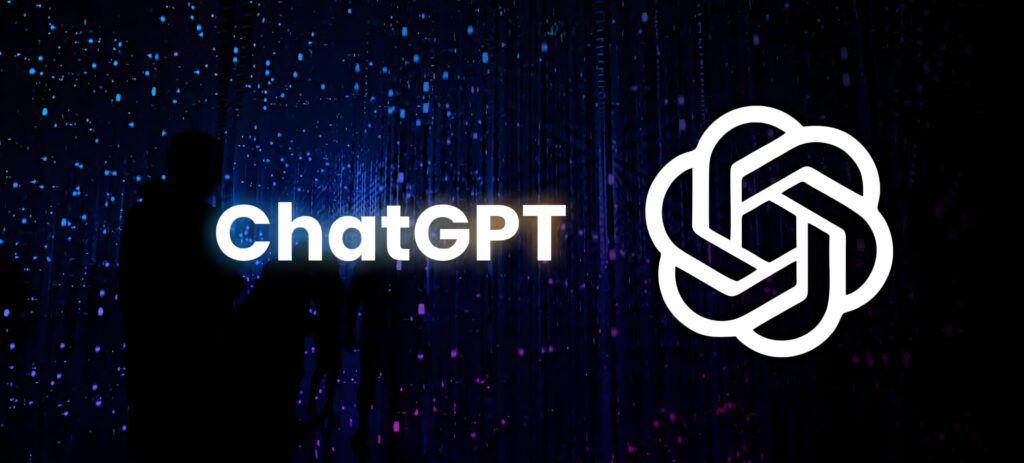 ChatGPT wallpaper with futuristic blue purple lights and bold AI innovation logo background