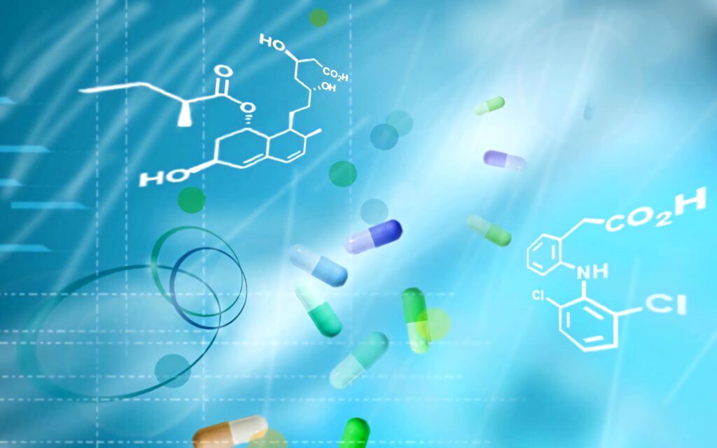 Futuristic chemistry wallpaper with blue swirls capsules and white molecular structures background