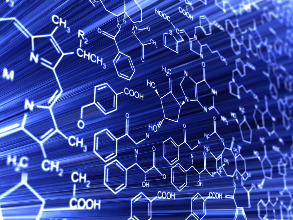 Futuristic chemistry wallpaper with blue molecular structures and glowing chemical formulas background