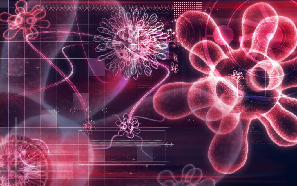 Vibrant red and pink chemistry wallpaper with glowing molecular floral patterns and geometric grids