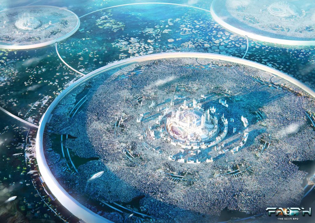 Futuristic circular cityscape with bridges over ocean bright blue sci-fi wallpaper background