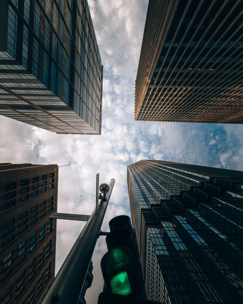 Futuristic City Skyline: Dramatic Worm's-Eye View Wallpaper