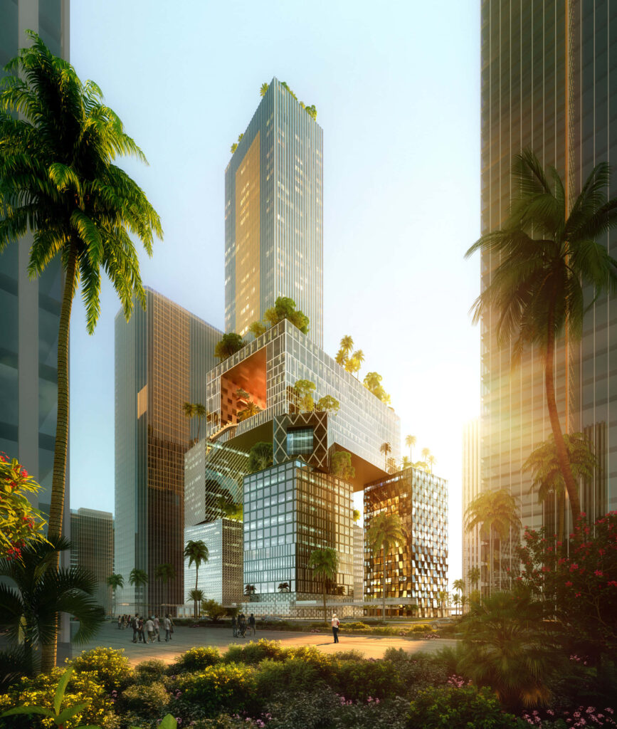 Futuristic City Skyline Wallpaper: 3D Sunset with Palm Trees