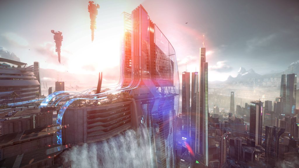Futuristic cityscape with megastructure waterfall sleek skyscrapers floating spacecraft sunset Wallpaper