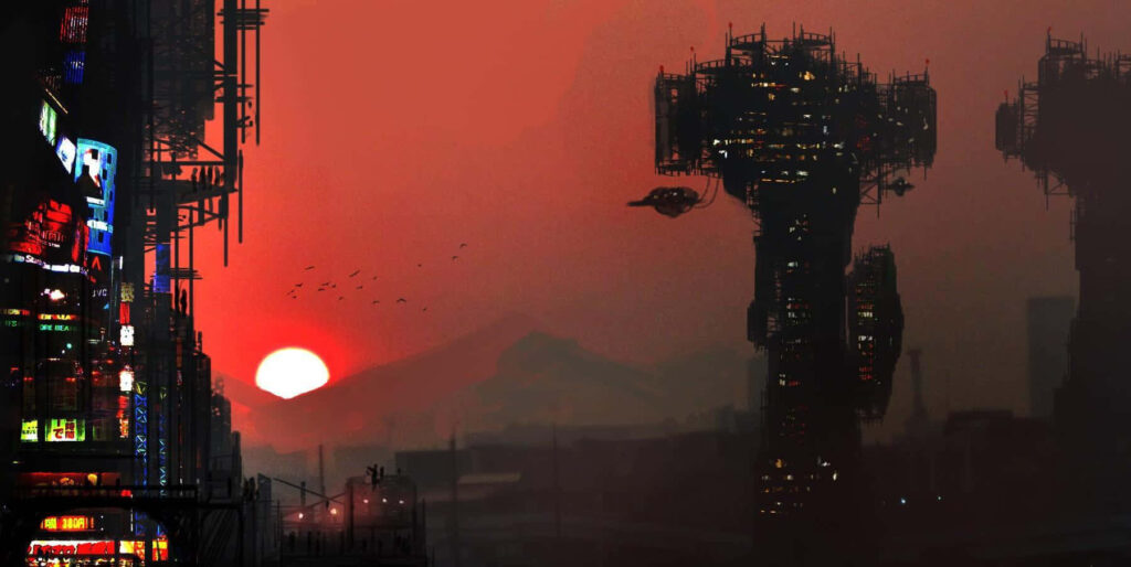 Futuristic Cityscape Wallpaper: Sunset Glow & Minimalist Design