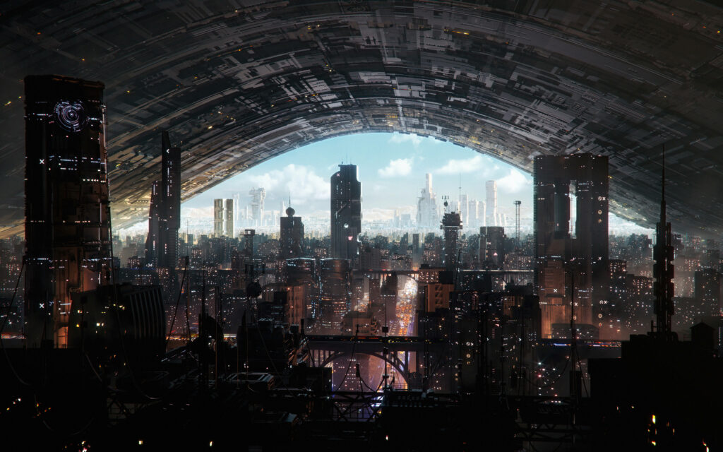 Futuristic Cityscape Wallpaper: Advanced Architecture & Glow Lights