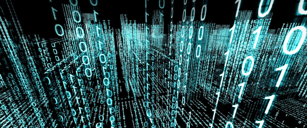 Futuristic Cityscape Wallpaper: Digital Art with Glowing Binary Code