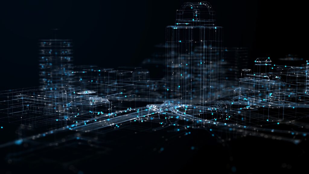 Futuristic Cityscape Wallpaper: Digital Wireframe Design in Blue
