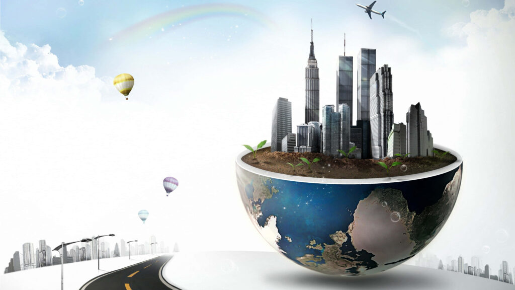 Futuristic Cityscape Wallpaper: Earth, Hot Air Balloons & Innovation