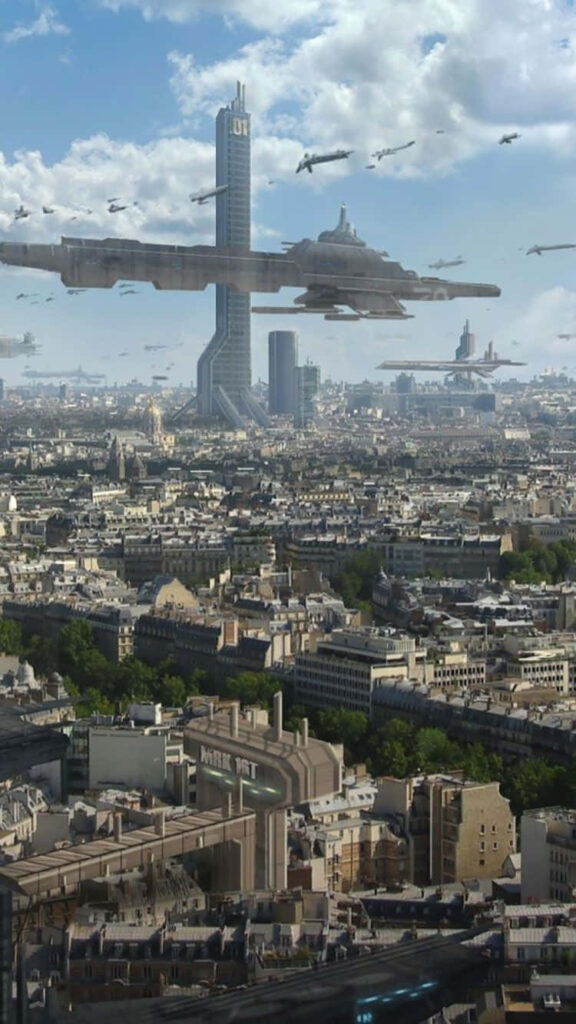 Futuristic Cityscape Wallpaper: Flying Vehicles & Towering Skyscrapers