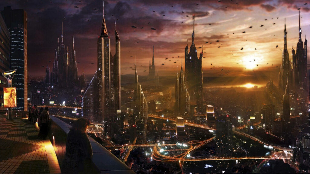 Futuristic Cityscape at Sunset: Skyscrapers & Vibrant Urban Lights Wallpaper