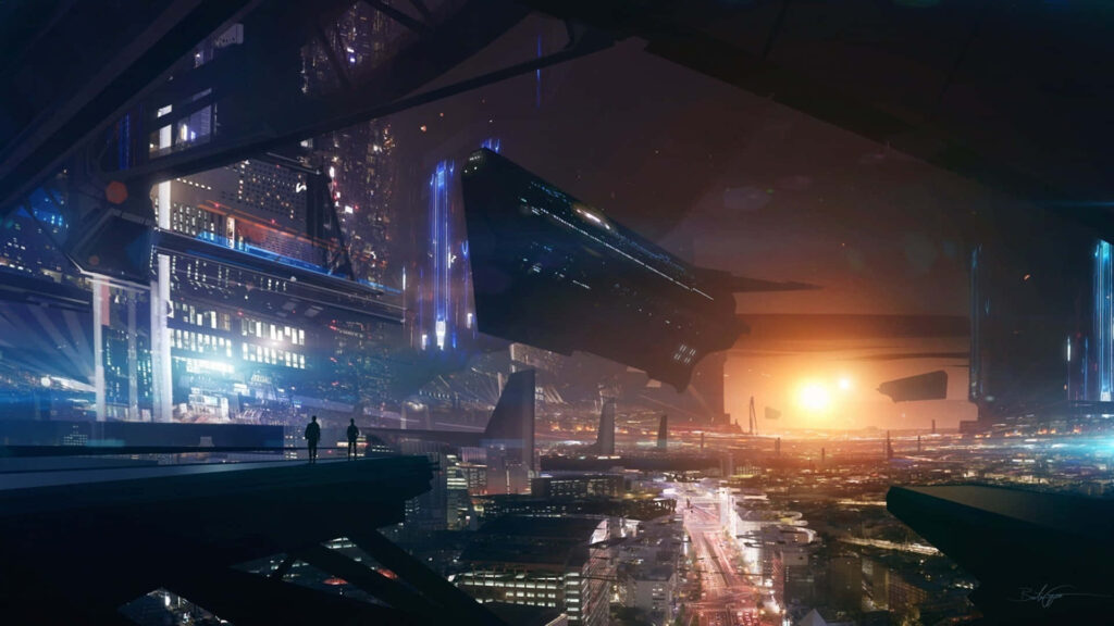 Futuristic Cityscape Wallpaper: Towering Buildings & Stunning Sunset