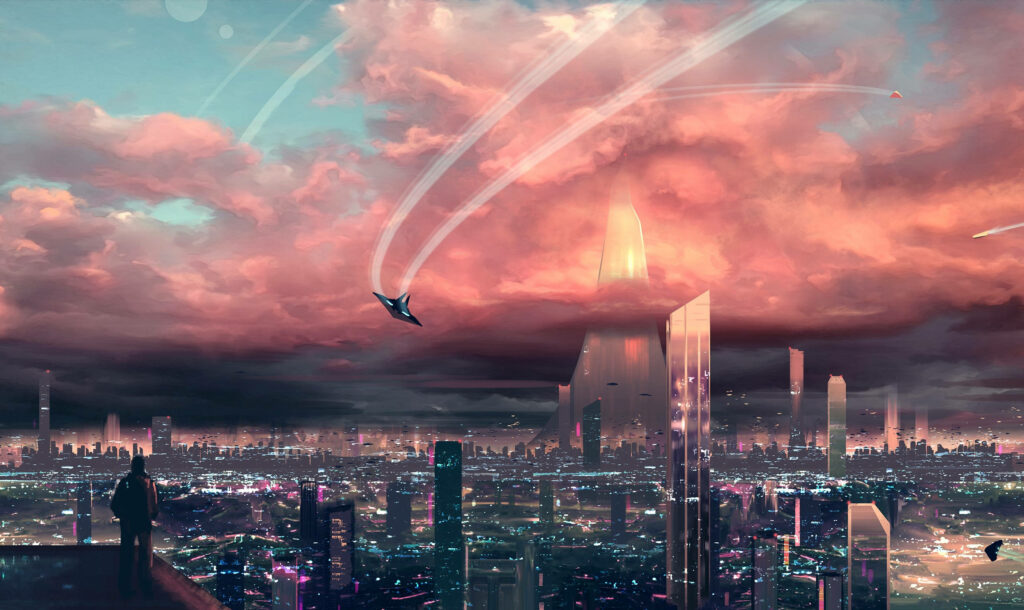Futuristic Cityscape Wallpaper: Man Watching Jets in Colorful Skies