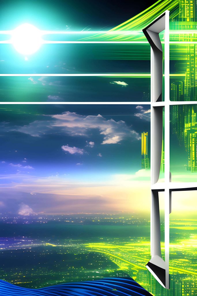 Futuristic cityscape wallpaper with neon green lights viewed through modern window at twilight