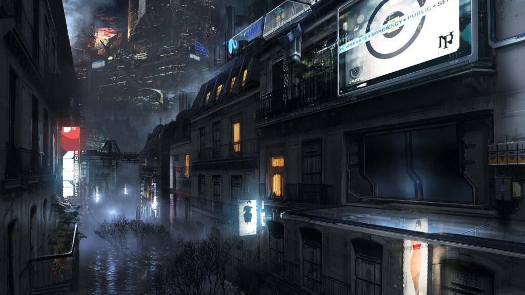Futuristic Cityscape Wallpaper: Neon Lights & Misty Night Ambiance