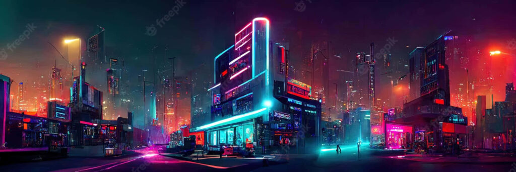 Futuristic Neon Cityscape: Vibrant Skyscrapers & Urban Atmosphere Wallpaper