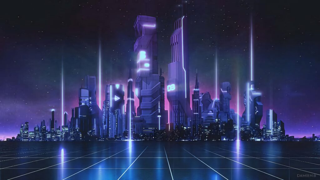 Futuristic Cityscape Wallpaper: Neon Lights & Starry Night Sky