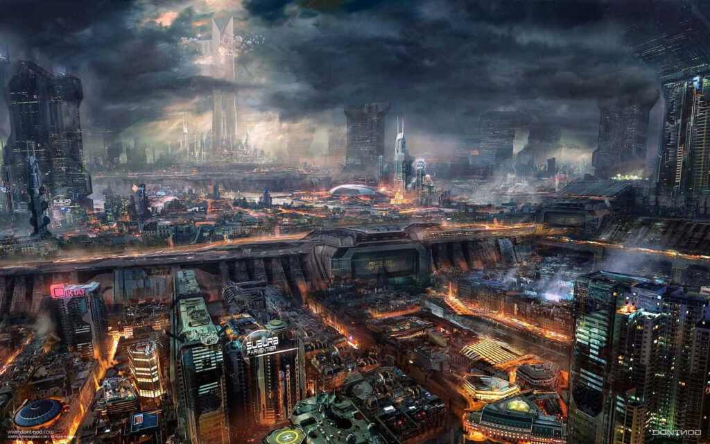 Futuristic Cityscape Wallpaper: Neon Lights & Skyscrapers Background