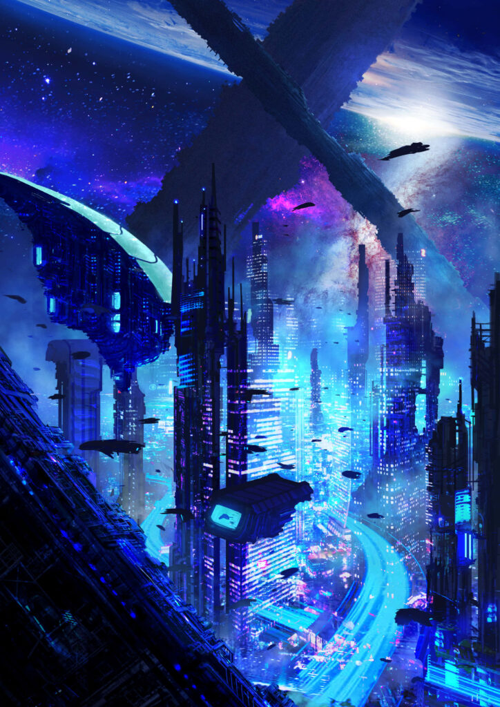 Futuristic Cityscape Wallpaper: Neon Skyscrapers & Cosmic Skyline