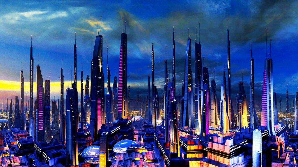 Vibrant Futuristic Cityscape Wallpaper: Neon Skyscrapers & Dramatic Sky
