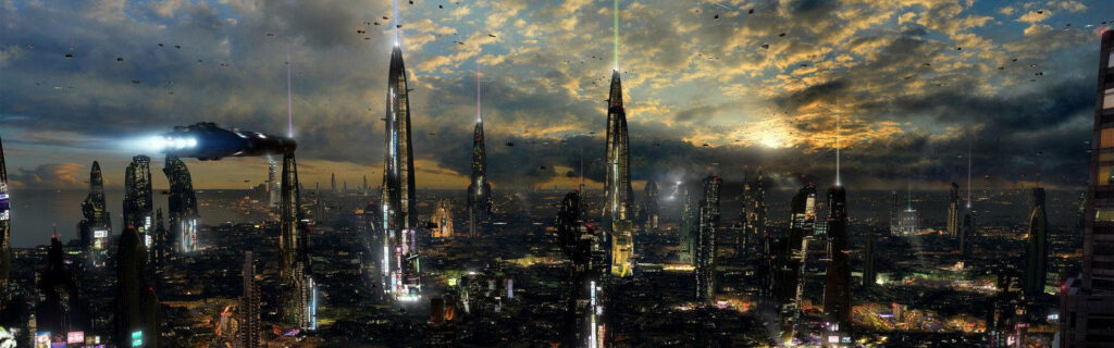 Futuristic Cityscape Wallpaper: Neon Skyscrapers & Flying Vehicles