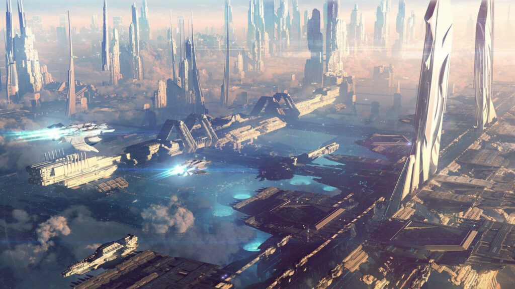 Futuristic Cityscape Wallpaper: Skyscrapers & Flying Vehicles Design